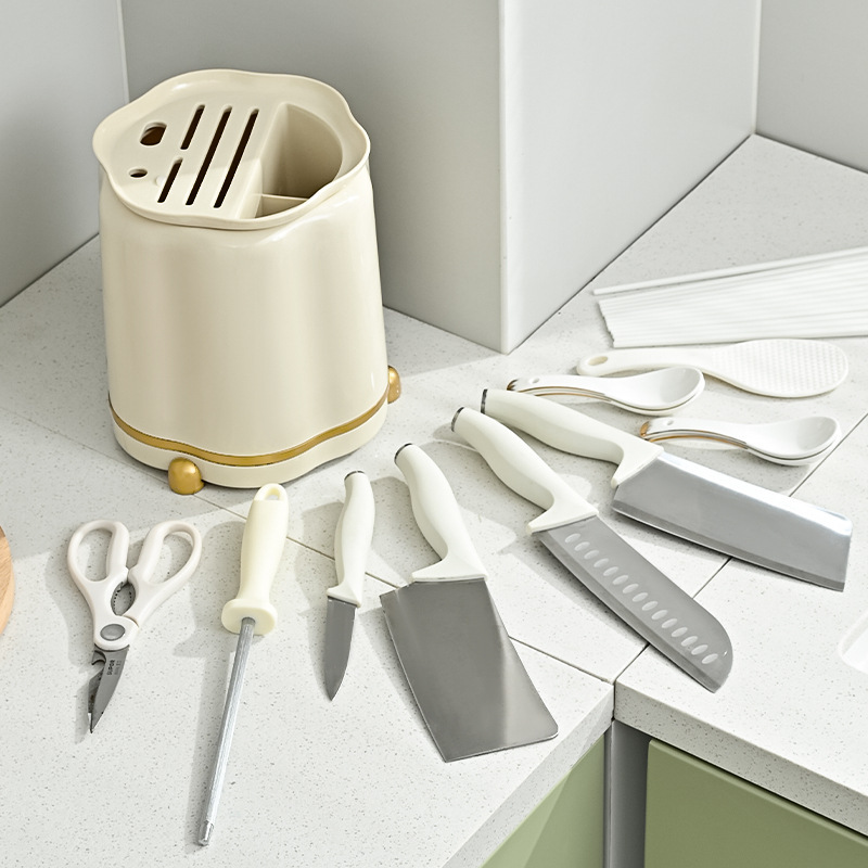 New Kitchen Rotating Knife Holder Light Luxury Cream Style Multifunctional Knife Storage Rack Household Storage Rack Integrated Chopsticks Rack