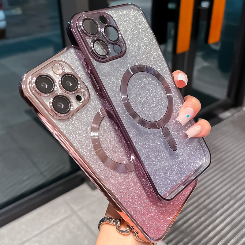 適用於iphone15pro max電鍍磁吸手機殼11蘋果14透明13漸變閃粉12p