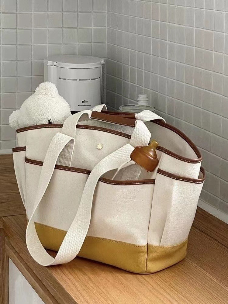 Korean-style Niche Patchwork Canvas Bag Large Capacity Multi-compartment Portable Mother and Baby Mummy Bag Practical Commuter Tote Bag_voghion.com
