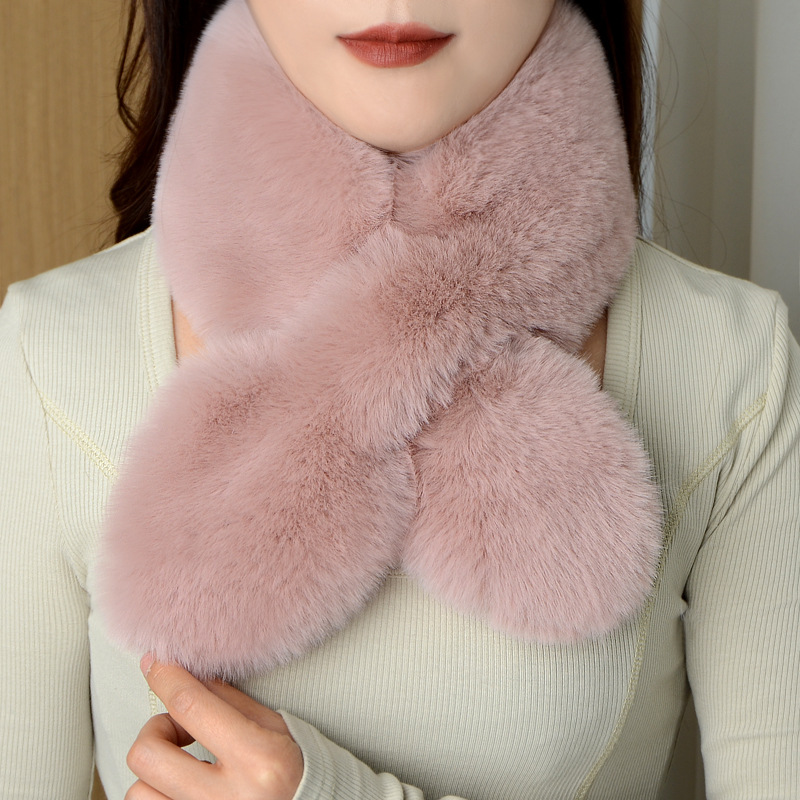 Women's winter thickened warm imitation Rex rabbit fur scarf versatile neck protection plush cross scarf for men and women
