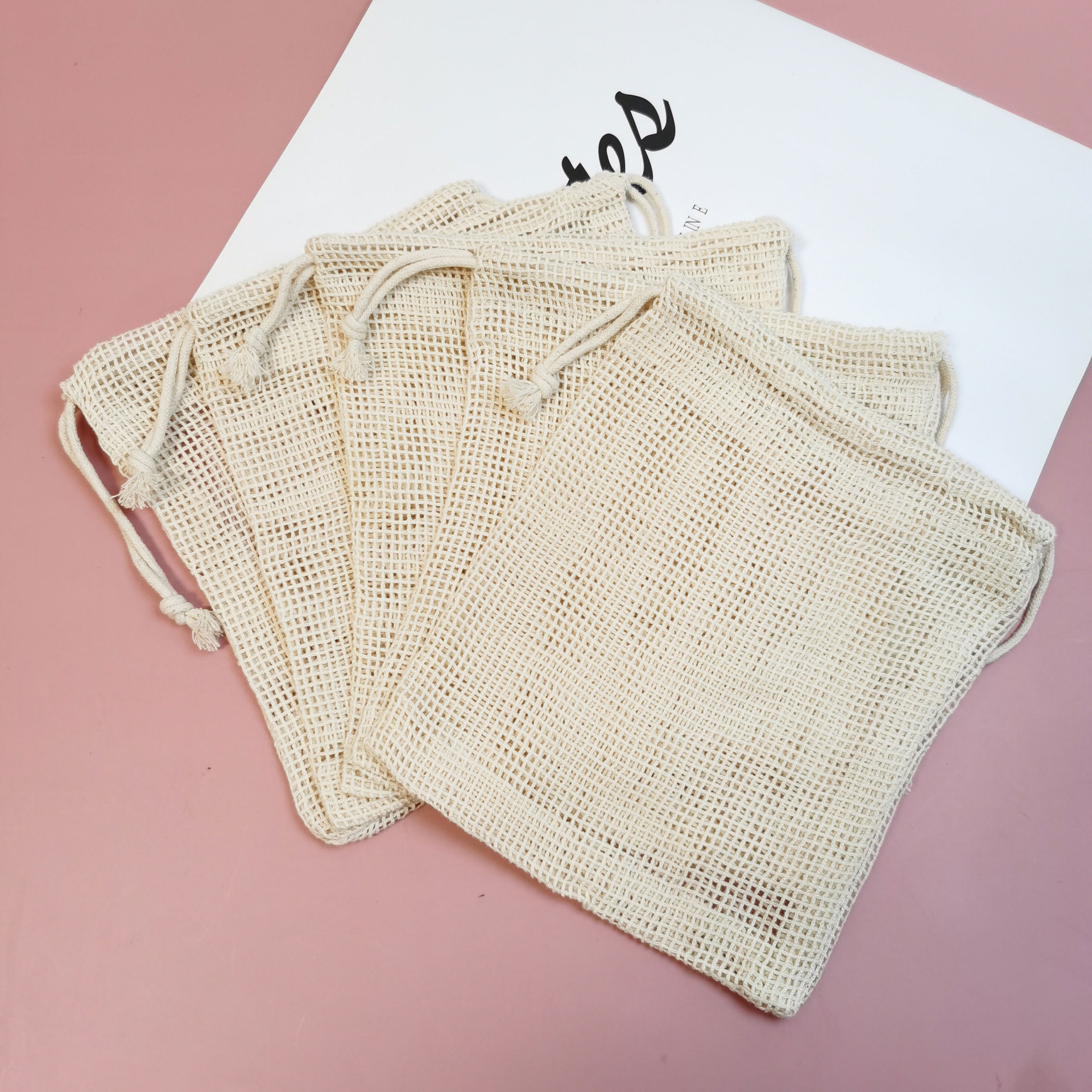 Factory Supply Reusable Double Drawstring Cotton Mesh Bag Fruit Cotton Bag Woven Shopping Bag Bundle Storage Bag