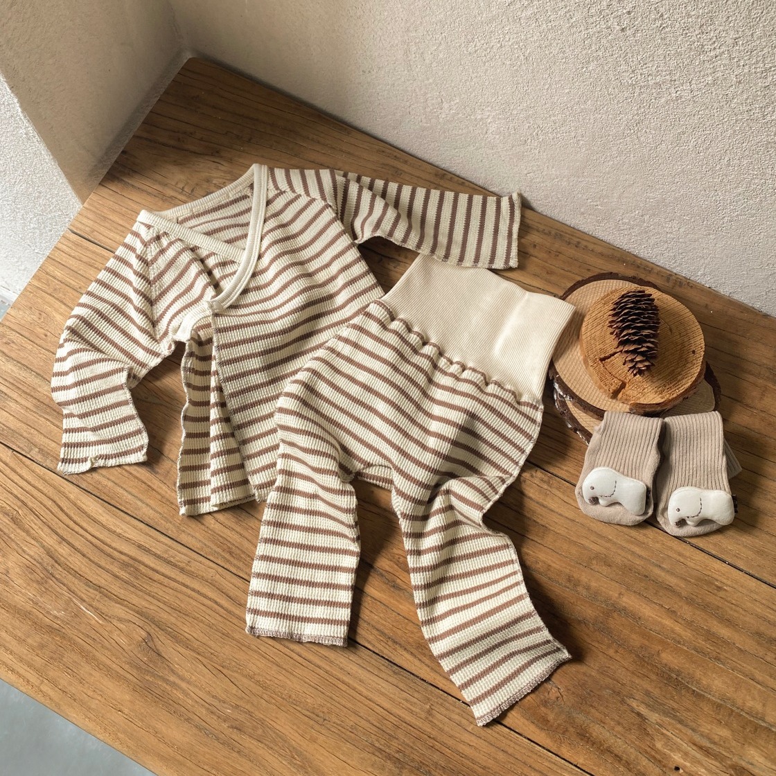 Newborn Clothes Class A Baby Autumn Clothes Little Baby Striped Waffles Monk Clothes High Waist Belly Protectors PP Pants suit