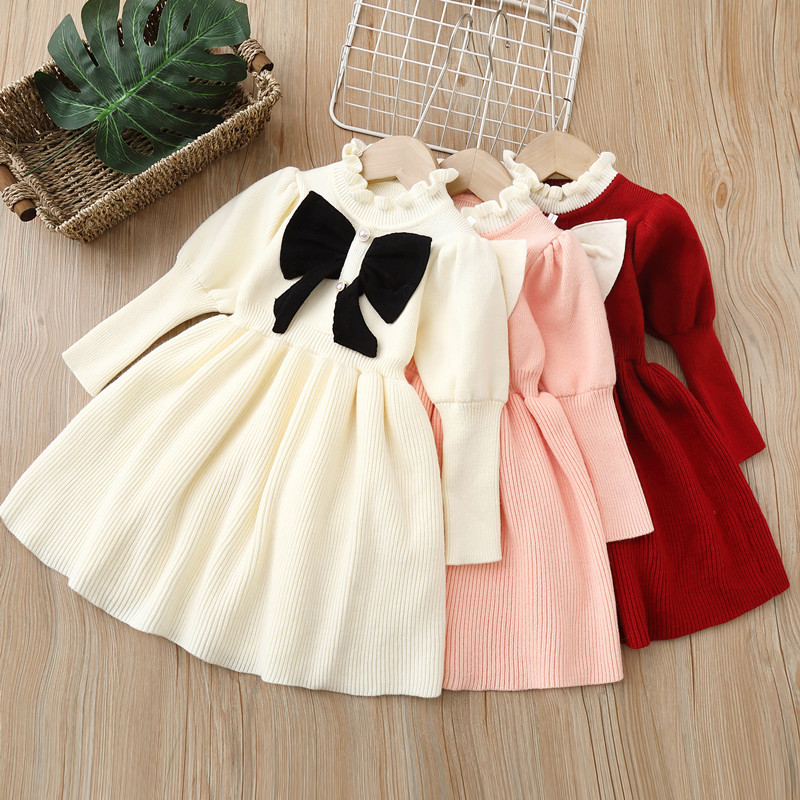Girls' Sweater Dress Children's Knitted Dress 2022 Autumn and Winter New Arrival Bow Fashion Long Dress Baby Girl Skirt
