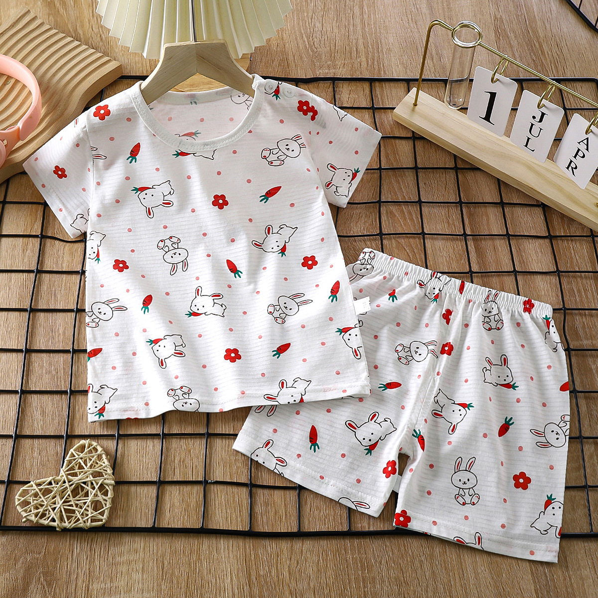 Children's Pajamas Set Short-sleeved Home Clothes Baby Air-conditioning Clothes Small and Medium-sized Boys and Girls Summer Clothes Thin Slub Cotton