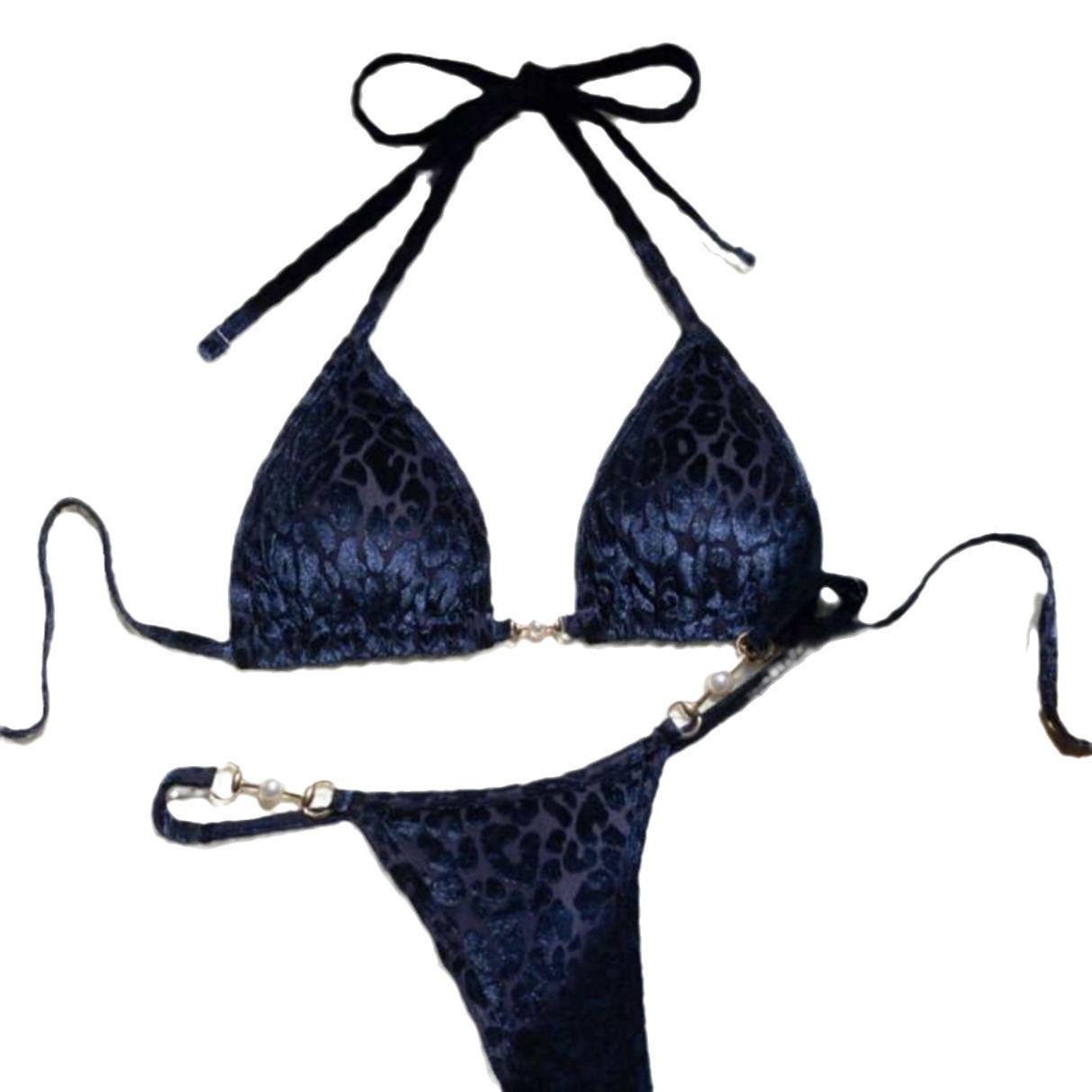 2024 European and American New Sexy T-shaped Pearl Leopard Special Fabric Swimwear Swimsuit Bikini Bikini Cross Border