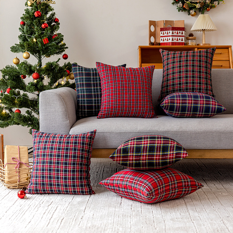 European Retro Check Pillowcase Living Room Sofa Pillow Cover Christmas Festival Simple Striped Pillowcase Wholesale