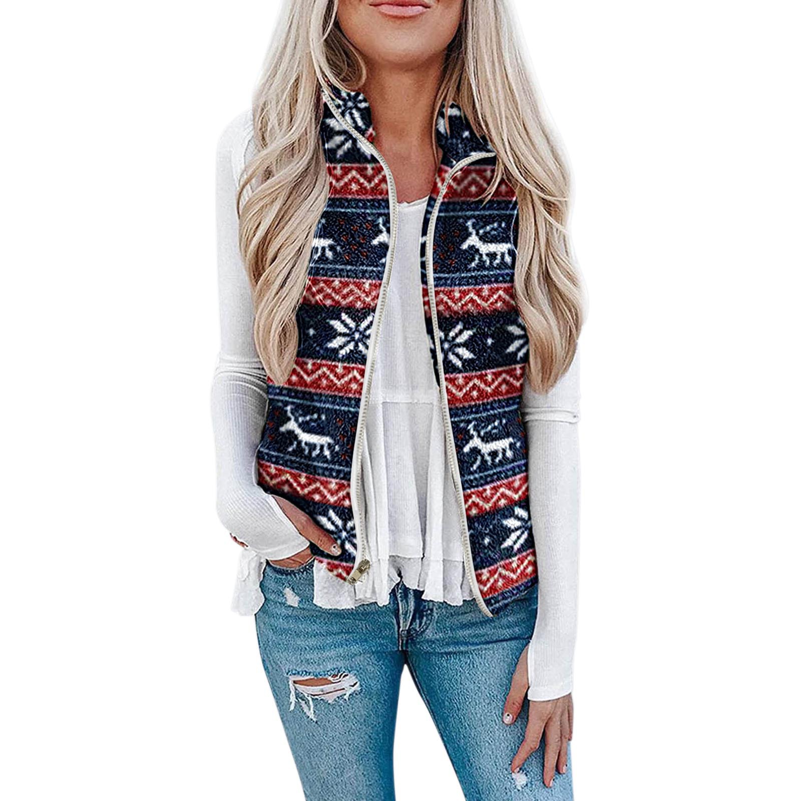 Women's 2022wish European and American Amazon pocket zipper women's Christmas top plush printed vest jacket