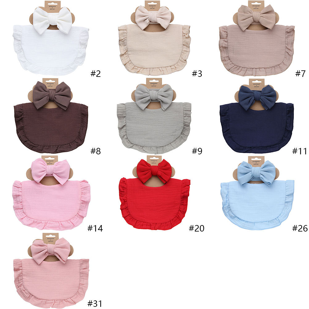 European and American hot selling baby bib headband suit newborn cotton bow wide hair band ruffled bib