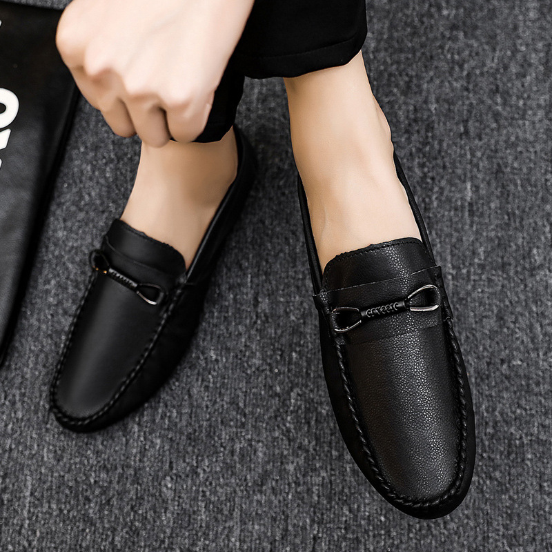 Spring and Summer Men's Shoes Low-top Bean Shoes All-match Casual Shoes Breathable Leather Shoes Black Work Shoes Slip-on