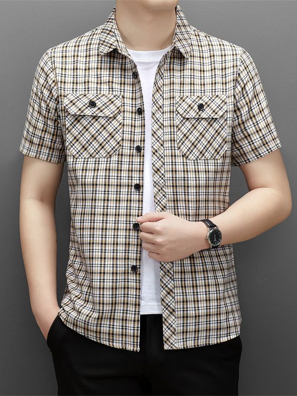 Casual Plaid Shirt Short-sleeved Men's Shirt Loose High-end Sense Men's Fashionable High-end Casual Shirt Pocket Men's Summer