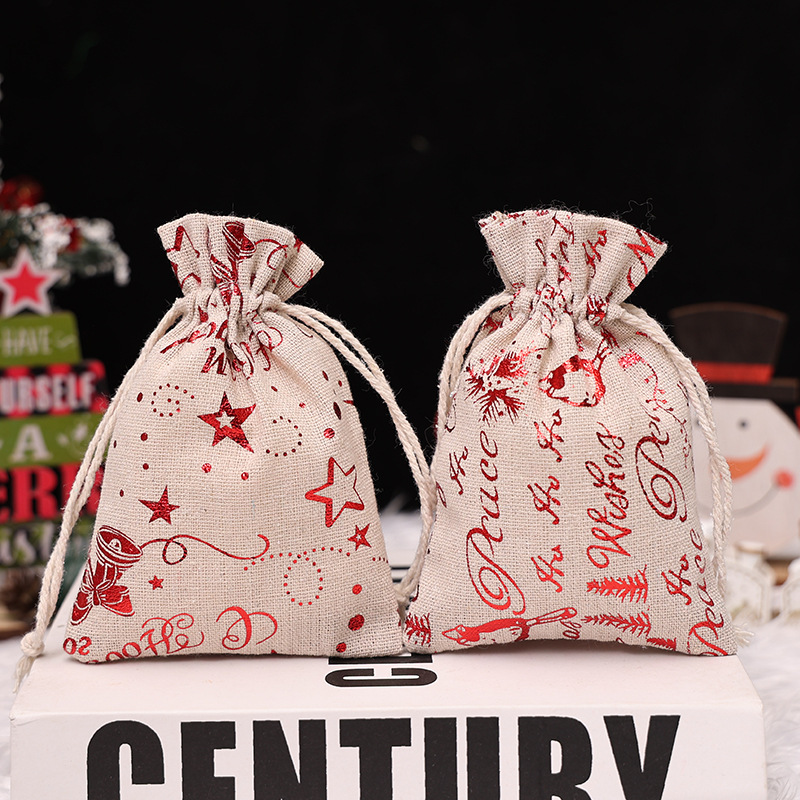 Factory Direct cotton and linen bronzing gift bag Christmas linen children candy bag drawstring drawstring drawstring gift bag wholesale