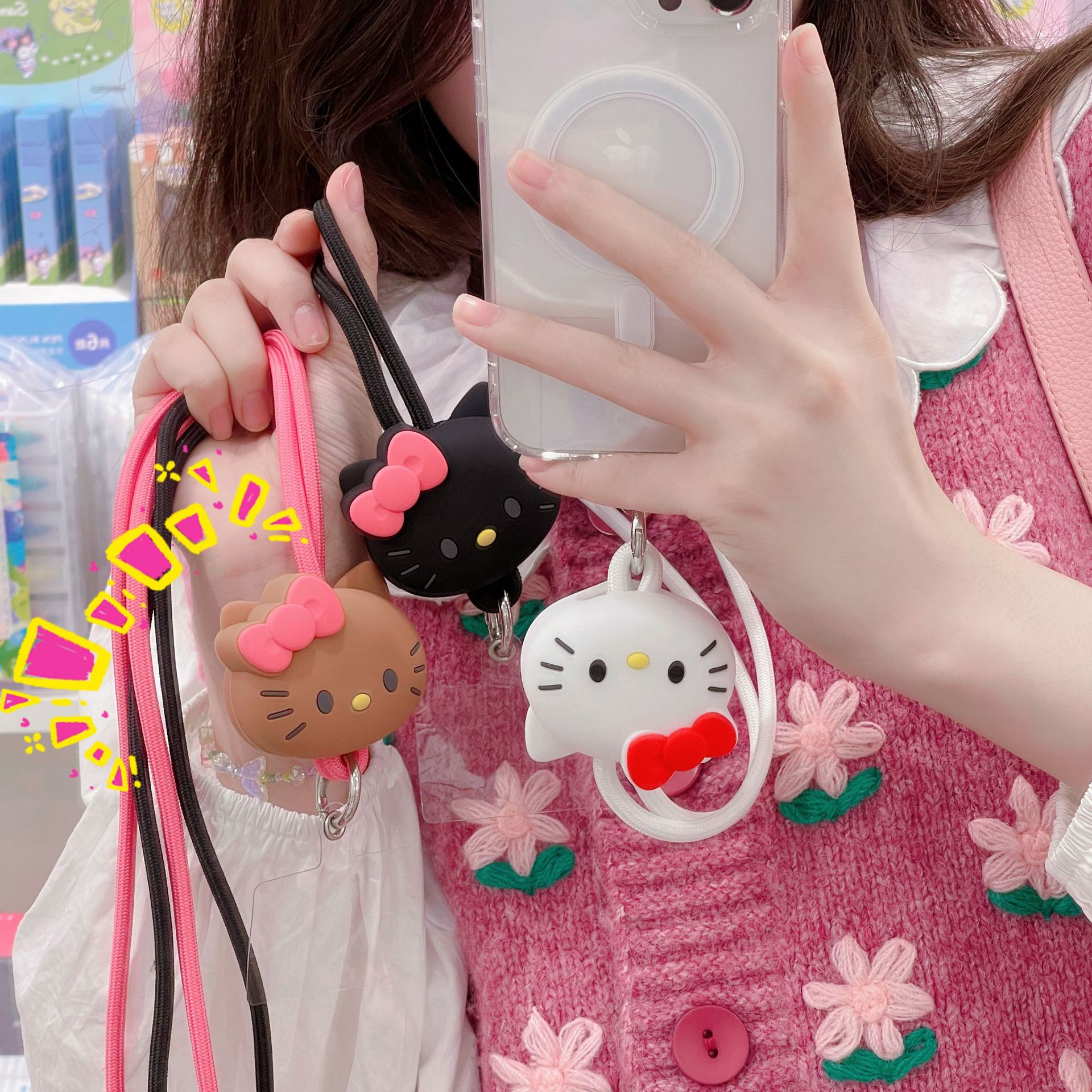 Cute cartoon fashion brand long hanging neck rope melody kulomi diagonal multi-functional mobile phone with card hanging chain rope