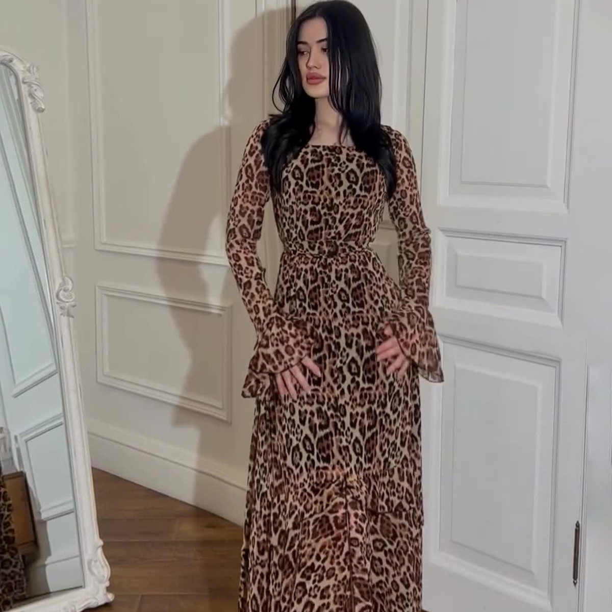Amazon Europe and the United States 2024 spring new chiffon leopard lotus leaf sleeve temperament long stitching irregular dress