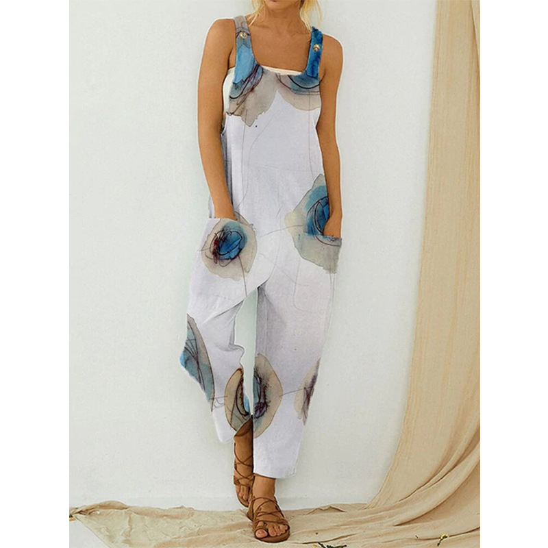 2023 Cross-border Amazon Summer New Women's Foreign Trade Retro Abstract Printed Women's Strap Large Size Jumpsuit