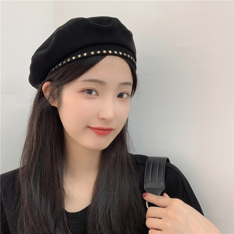 甜酷風~金屬星星黑色貝雷帽女夏季薄款透氣畫家帽氣質時尚八角帽