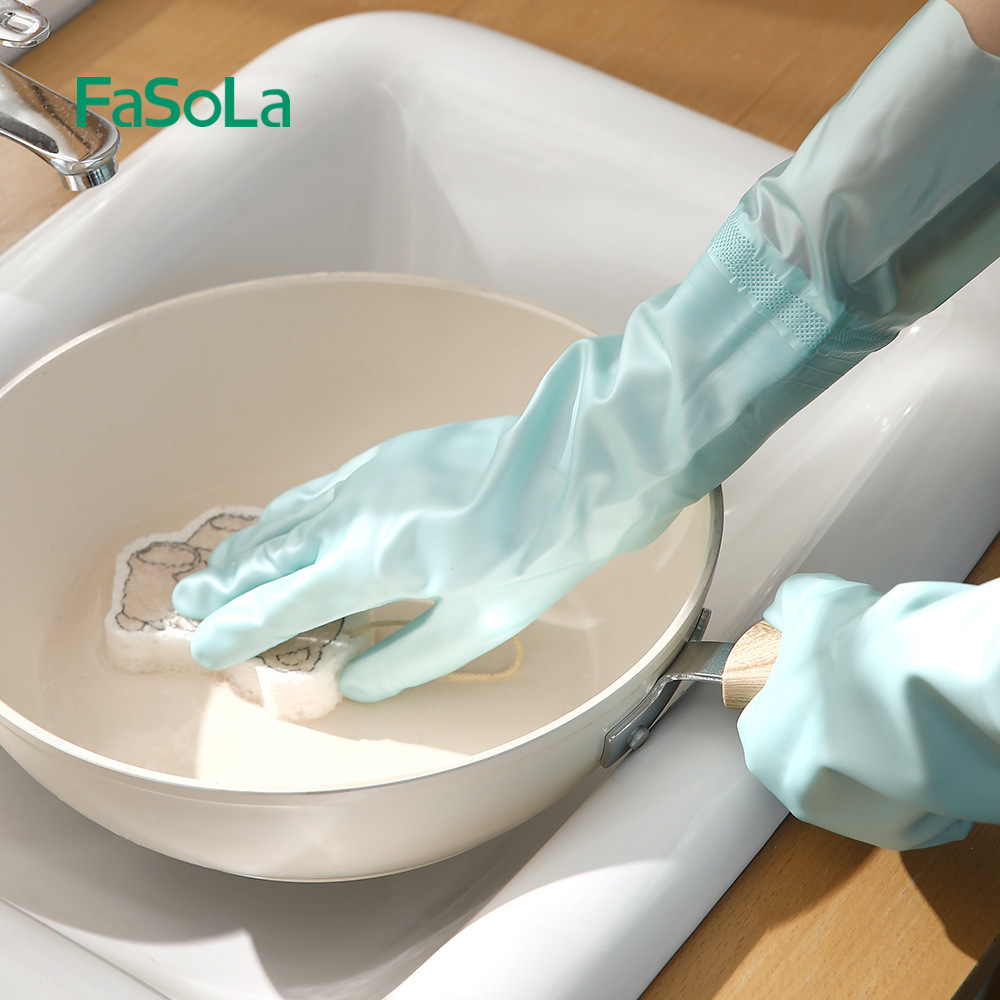 FaSoLa Household Thickened Dishwashing Gloves Women's Kitchen Durable Waterproof Washing Clothes Washing Bowl Flocking Household Gloves