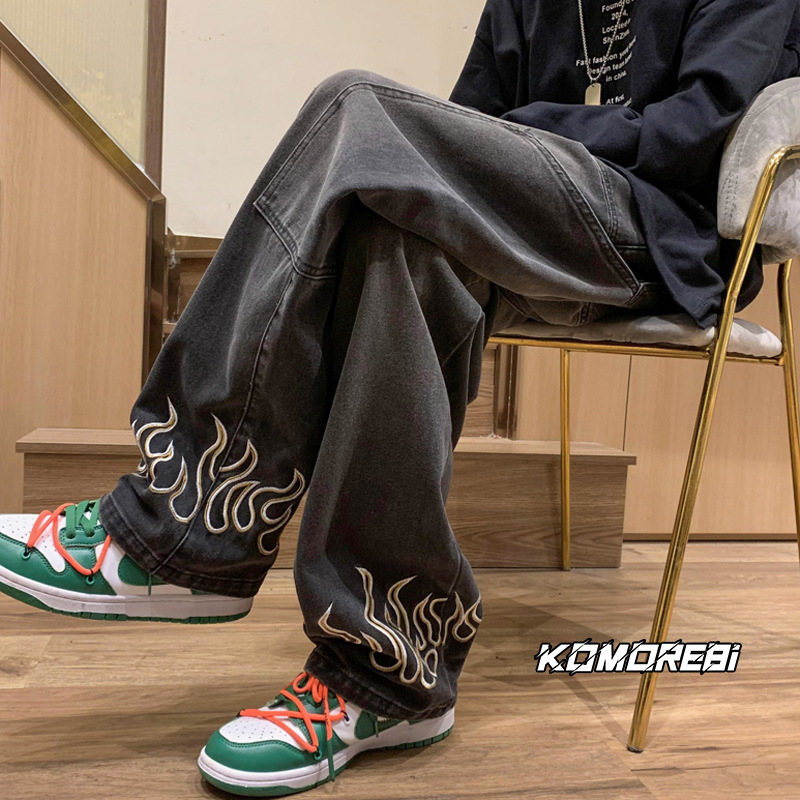 Jeans men's spring and autumn retro distressed fashion brand ins straight loose casual high street vibe wide leg daddy pants