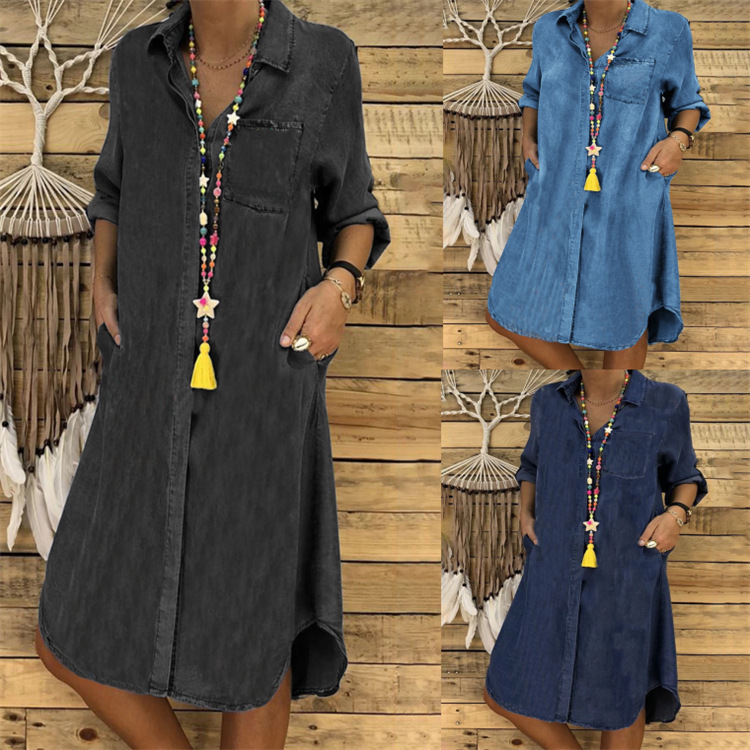 2022 Amazon AliExpress wish Large Size Women's Denim Dress Foreign Trade Solid Color Large Size Casual Dress