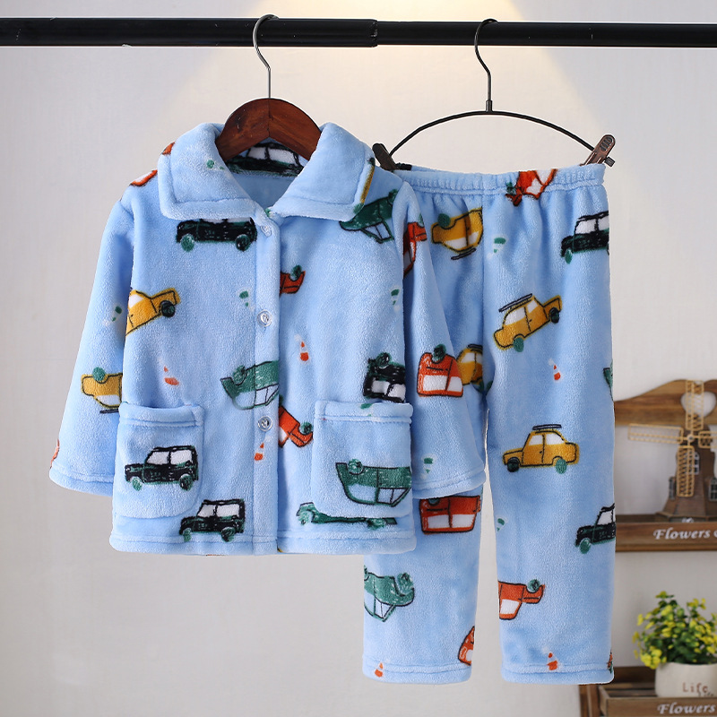 Autumn and Winter Children's Coral Fleece Pajamas Flannel Home Clothes Set Boys Girls Girls Baby Baby Kids Thickened