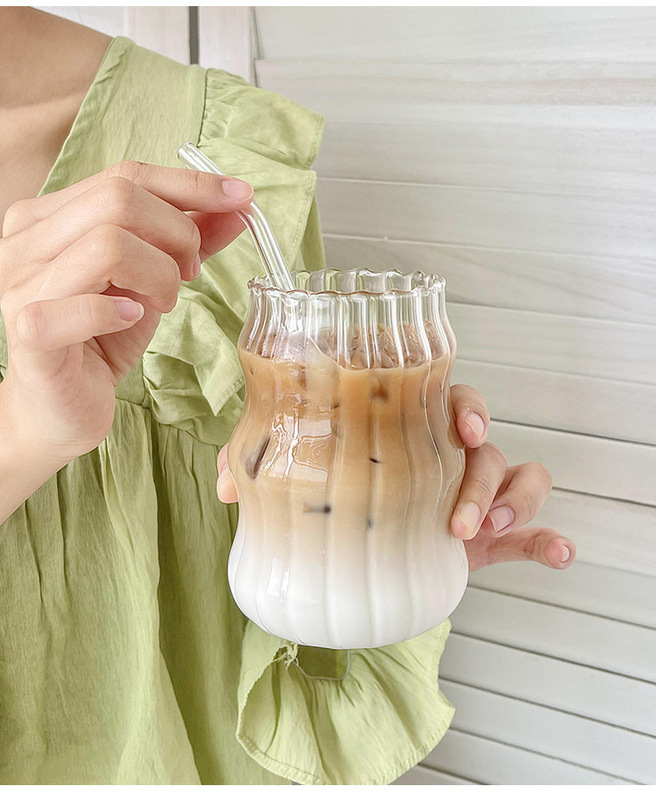 雲柄ガラスコーヒーカップストロー高ホウケイ酸スパイラルカップ女性のための冷水ドリンクミルクティーカップ|undefined