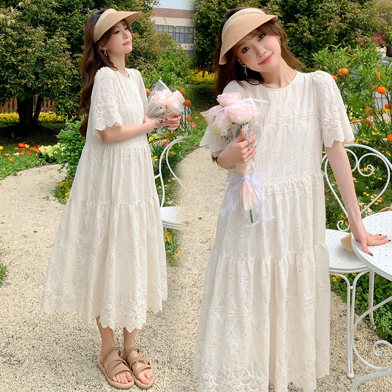 Maternity dress summer dress dress plus size embroidered over-the-knee dress loose short sleeve top summer long summer dress