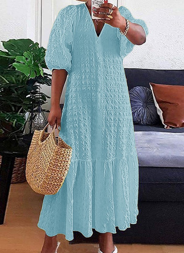 Amazon 2023 Summer Hot Sale New Arrival Tatting Solid Color V-Neck Button Pleated Loose Casual Dress
