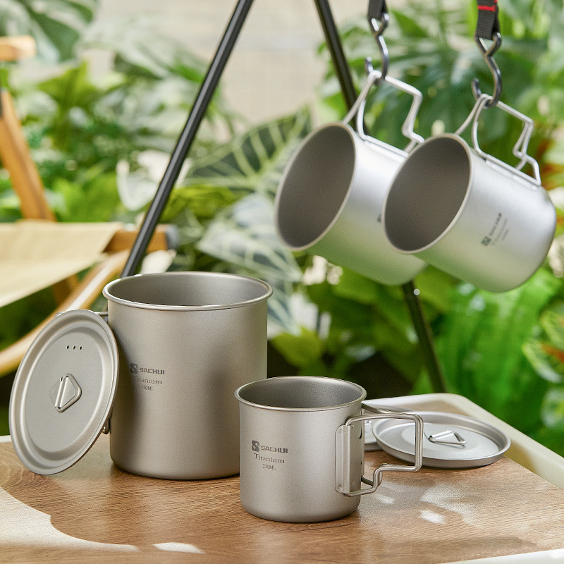 Outdoor titanium cup pure titanium mug camping portable tea cup coffee cup titanium metal camping folding water Cup suit