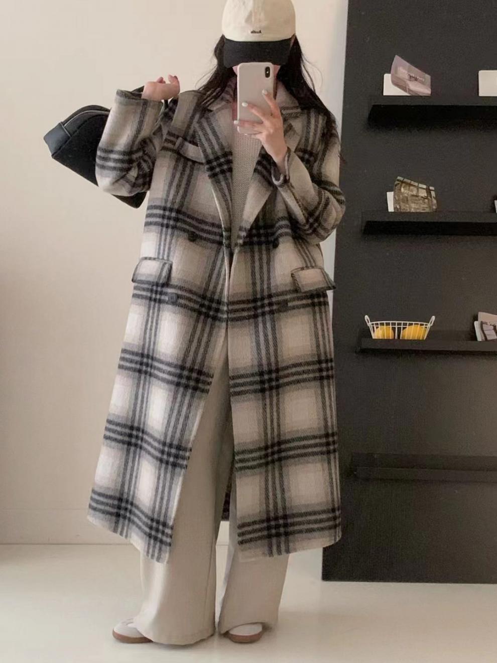 Manteau double face à carreaux coréens de haute qualité en laine longue pour femme, épais, automne et hiver_voghion.com