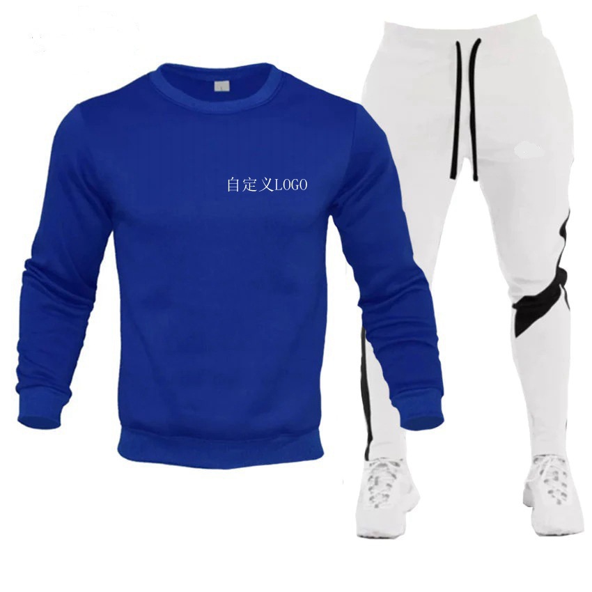 New European and American cross-border autumn and winter foreign trade Men's Round neck warm solid color sweater + trousers sportswear suit