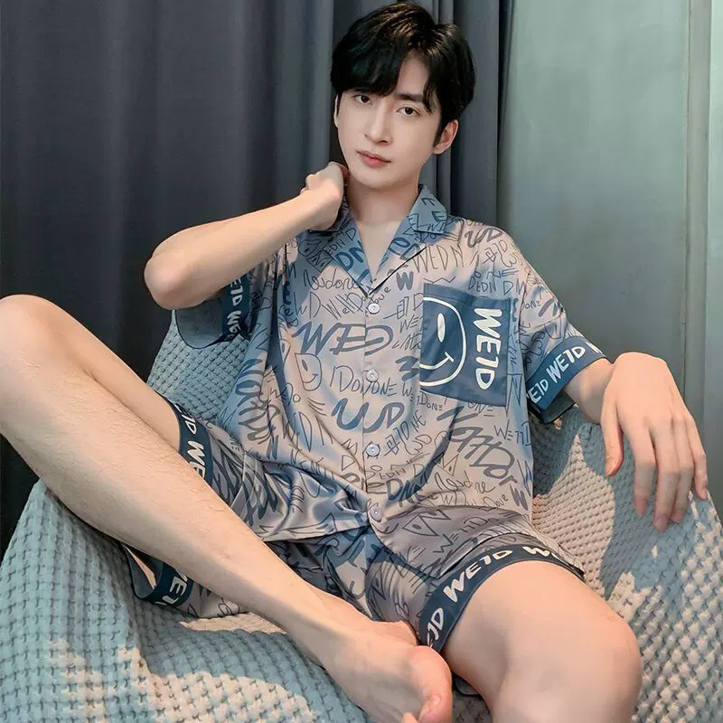 2023 new online celebrity ice silk short-sleeved pajamas men's summer thin Youth Men's Home wear suit