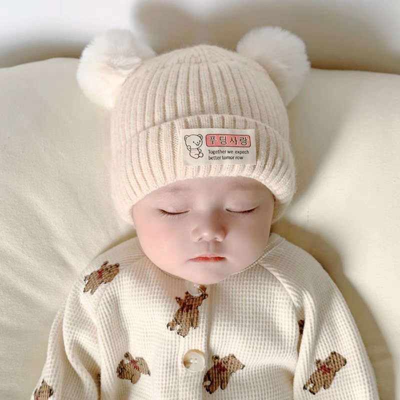Baby winter super cute baby boy baby girl baby wool knitted hat cotton lining warm thickened bear hat