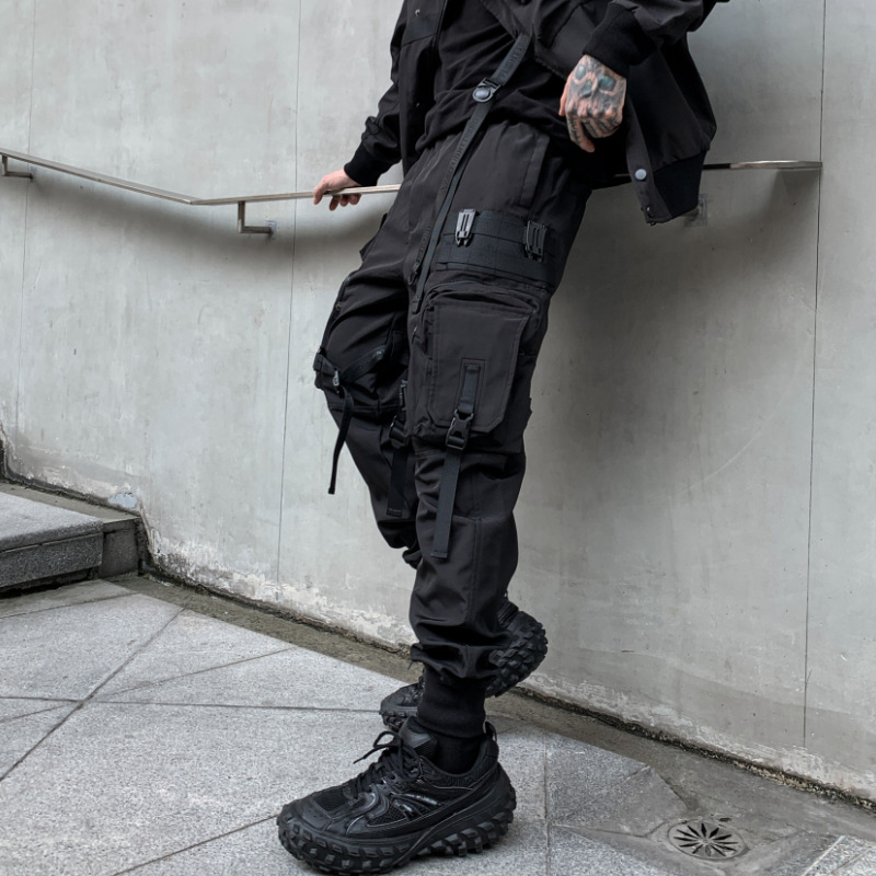 2022 Autumn New Men's Japanese Loose Multi-bag Workwear Trousers Youth Trendy Leg-tied Casual Sports Pants