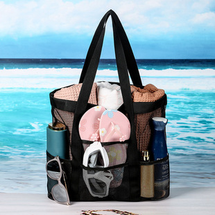 Cross-border Hollow Net Beach Bag Shoulder Portable Travel Wash Bag Fitness Swimming Storage Bag 8 Pocket Beach Bag