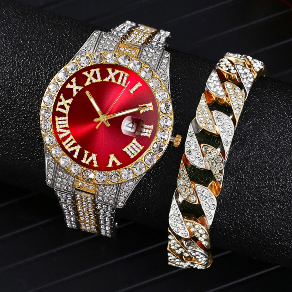 Europa y América nuevo estilo agua fantasma grande rhinestone diamante reloj de los hombres escala romana calendario hip hop reloj de los hombres reloj de oro verde completo reloj de diamantes