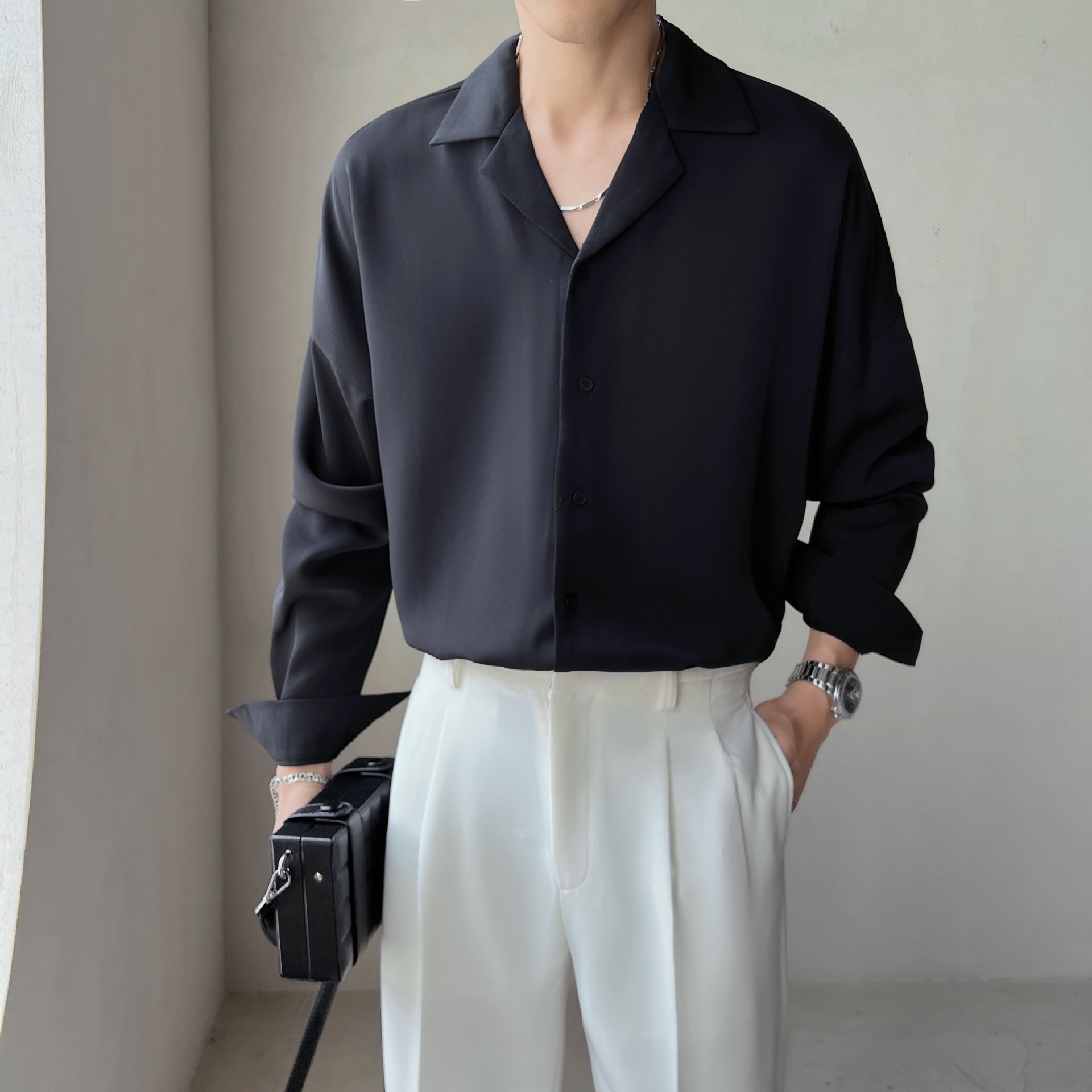 Cuban collar apricot shirt men's long sleeve light familiar high-grade ice silk ruffle handsome lazy wind non-ironing draping white shirt