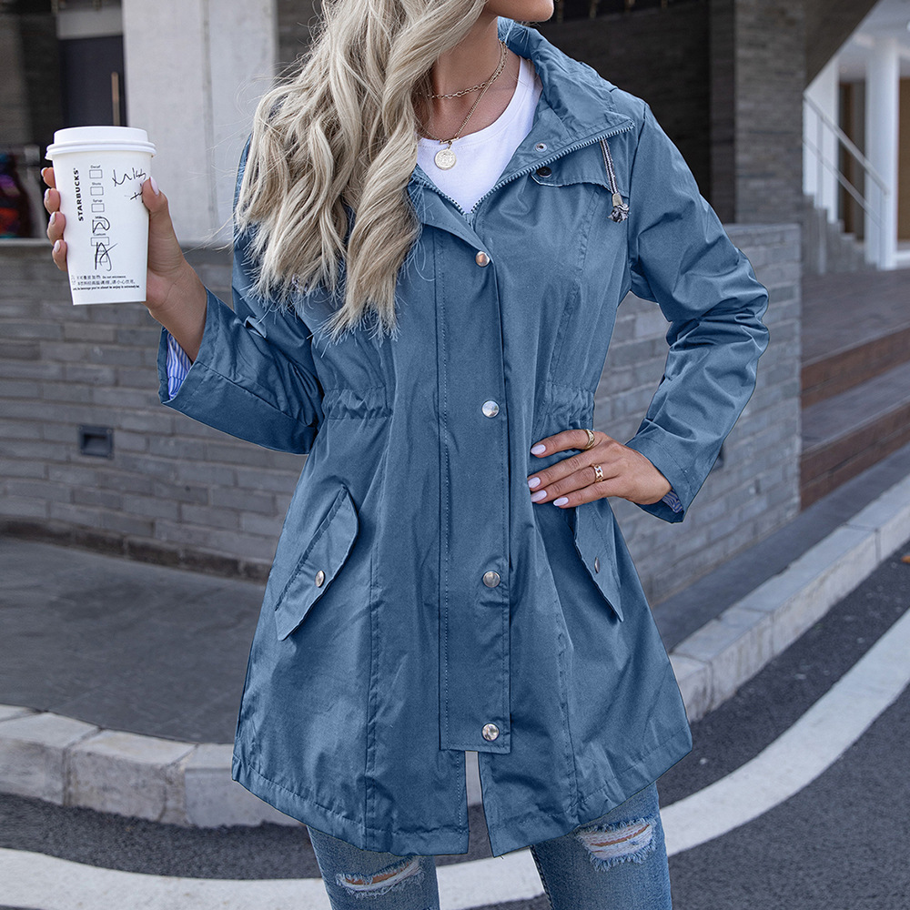 Amazon 2020 hooded zipper raincoat coat women's winter mid-length women's raincoat