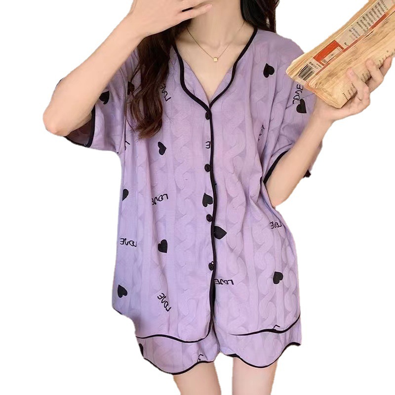Pajamas Women's Summer Cardigan Short Sleeve 2025 New Style Women's Spring and Summer Thin Purple Love Home Clothes suit