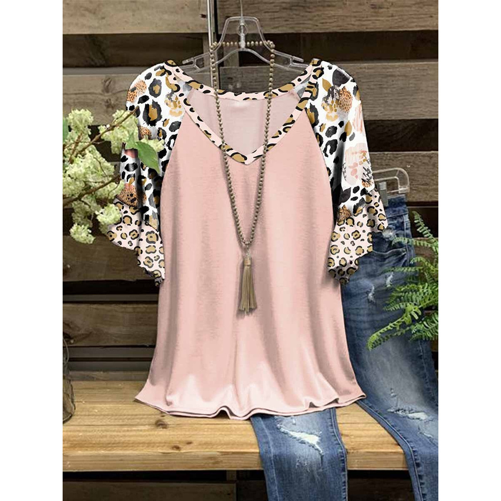 Independent station Amazon spring and summer casual new v-neck T-shirt floral leopard print ruffled short sleeve t-shirt