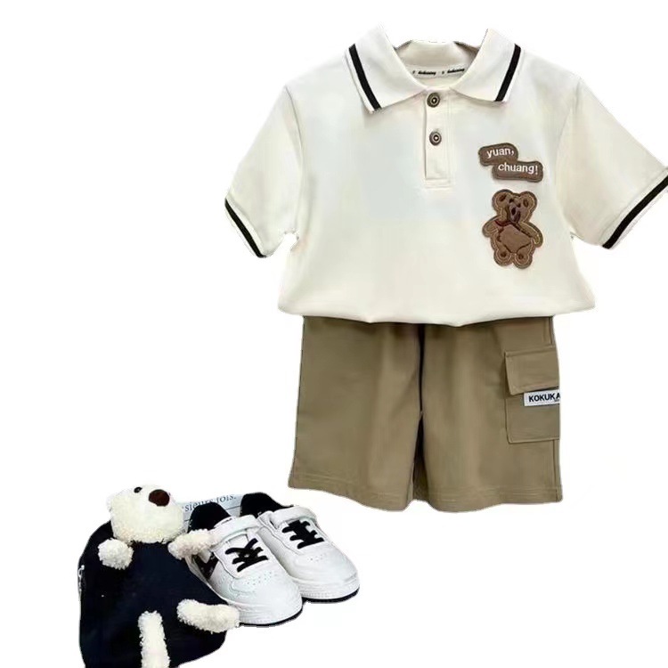 Bear embroidered parent-child clothes summer one family three or four mother-child mother-daughter dress baby romper POLO lapel short sleeve