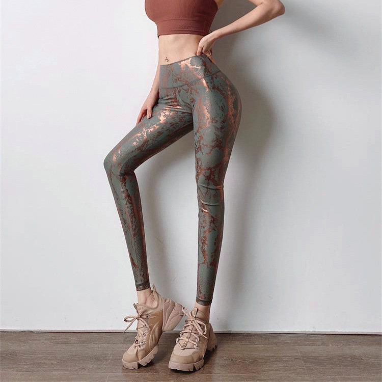 Tight Stretch Bronzing Yoga Pants European and American-style Cross-border Snake Pattern Peach Hip Fitness Pants High Waist Slimming Sports Pants