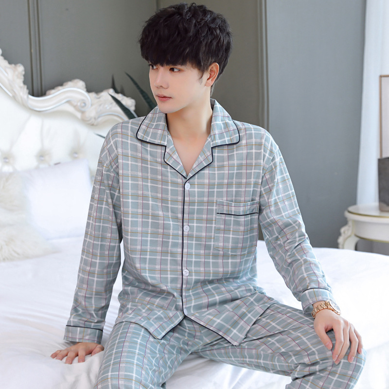 Pajamas for men, spring and autumn long-sleeved two-piece set, imitation cotton, young and middle-aged dads, large size men's home clothes, loose and can be worn outside