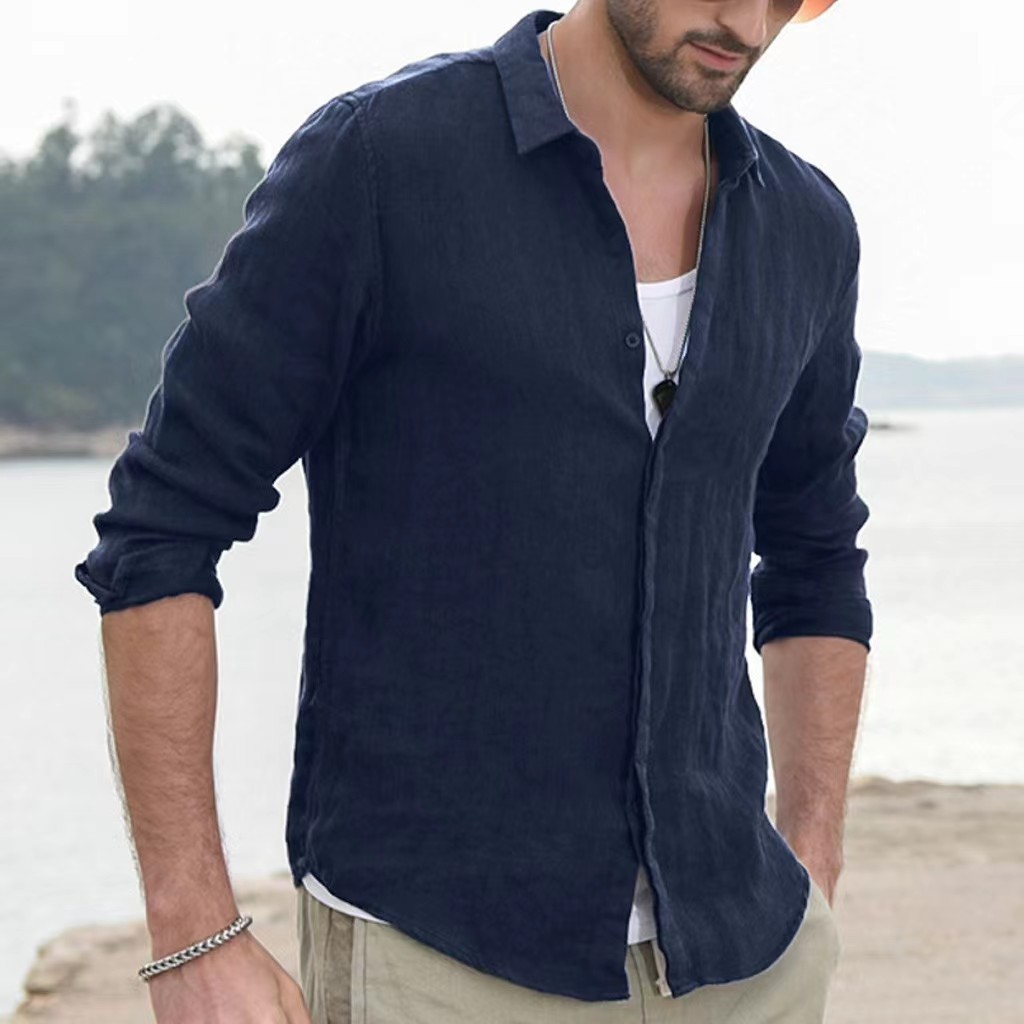 2023 foreign trade Amazon Europe and America pure cotton solid color long sleeve shirt men's youth casual cardigan shirt coat men