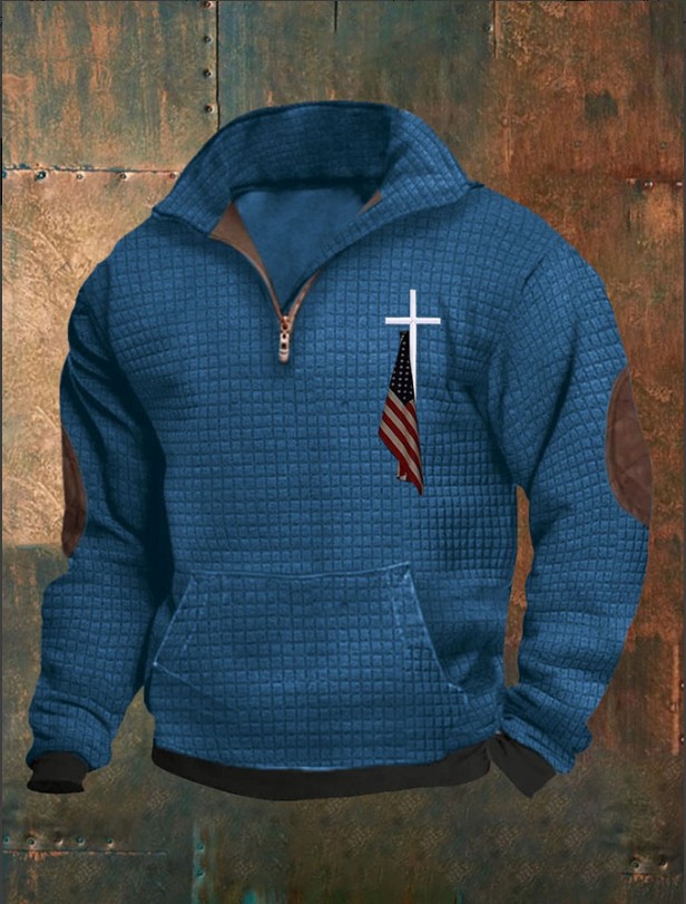 2023 Amazon men's casual fashion zipper collar waffle print sweater