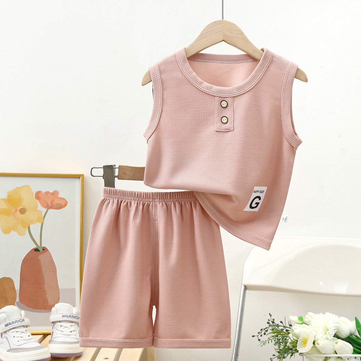 New children's vest set baby short-sleeved two-piece set summer children's waffle fashion Children's suit fashion manufacturers