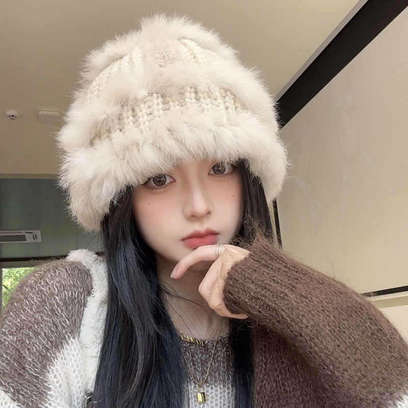 Real rabbit fur knitted fisherman's hat for women with a small face, autumn and winter ear protection, warm woolen hat, plush hat, national fashion lion hat