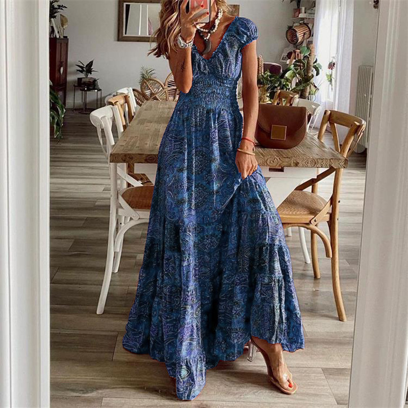 European and American cross-border bohemian style 2023 new long dress tight waist floral print large swing dress