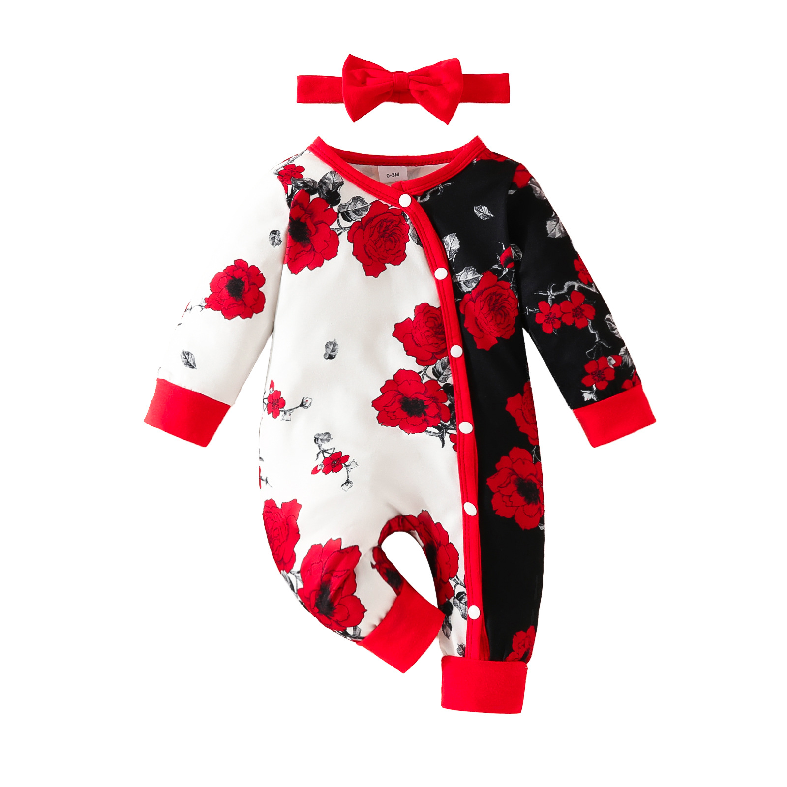 Cross-border New Baby Long-sleeved Long-legged Climbing Suit Big Flower Color-matching Baby Girl Button Clothes Hakka Baby Casual Clothes
