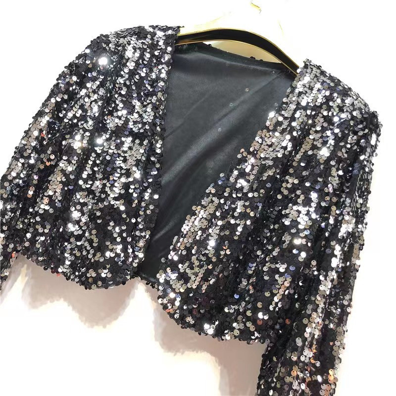 European and American Foreign trade sequined short all-match long-sleeved short coat women's fashion sequined small suit top cardigan performance clothing