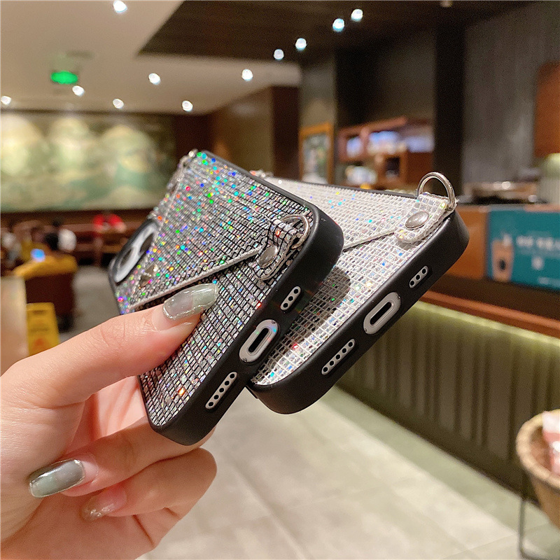 Card Holder card envelope iphone13 mobile phone case creative flash Diamond crossbody rope iphone14 mobile phone case applicable