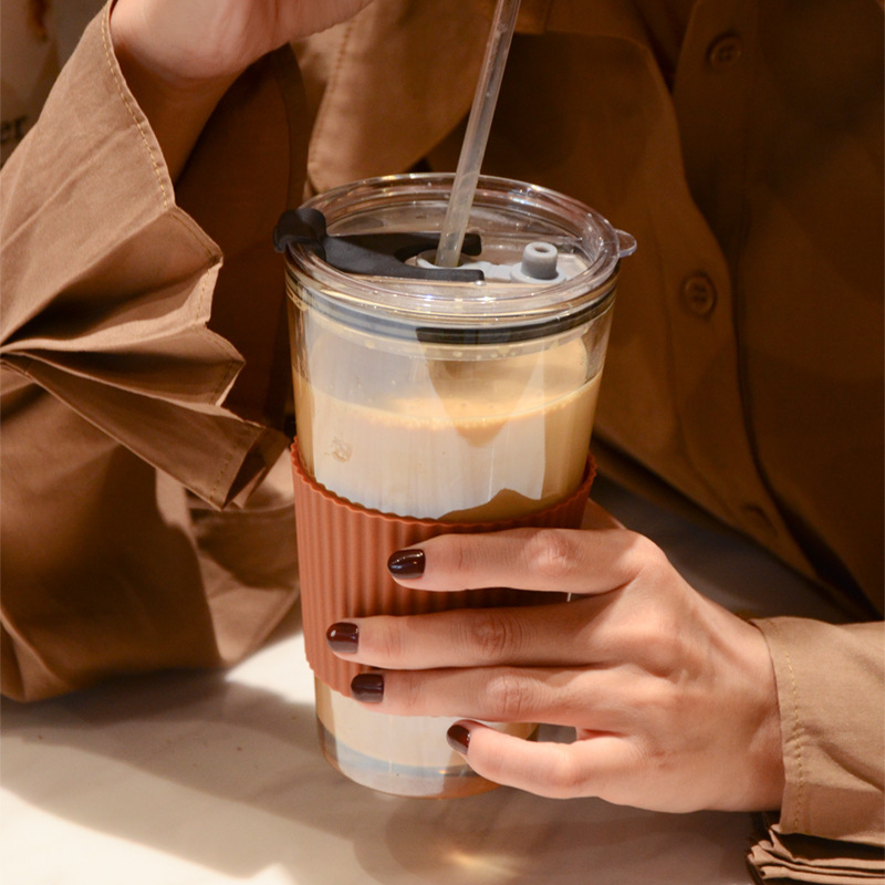 Aurora Coffee Cup Glass with Lidded Cup Portable Suction Tube Cup Summer High Value Milk Cup Water Cup Accompanying Cup